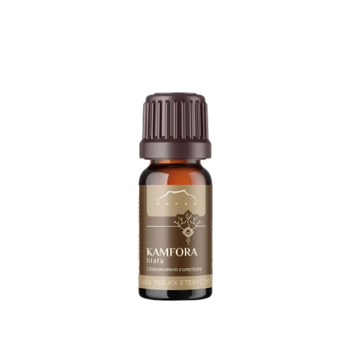 Weißes Kampfer ätherisches Öl von Nanga, 10ml Flasche, zeigt die klare Flüssigkeit in einer Tropfflasche.