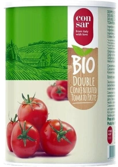 Bio Tomatenkonzentrat mit 28% Tomatenanteil in 140 g Dose, von der Marke CONSAR, in einer geöffneten Verpackung sichtbar
