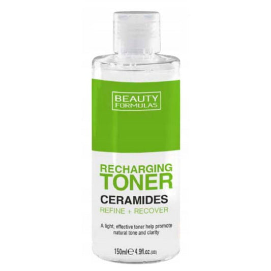 Regenerierendes Tonikum mit Ceramiden von Beauty Formulas, Flasche mit weißem Etikett, für gepflegte Haut.