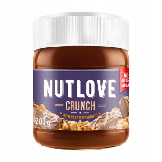 Erdnusscreme Allnutrition Nutlove Crunch in 200 g Glas, cremige Textur mit knusprigen Erdnussstücken, von BIOGO.PL.