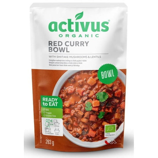Rotes Currygericht mit Shitake-Pilzen und Linsen, BIO, von ACTIVUS, in einer Schüssel serviert.