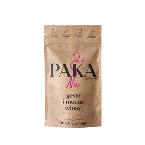 Paka Natury pflanzliche Tabletten für dickes, kräftiges Haar, biologisch, in einer weißen Verpackung, sichtbar auf dem Bild