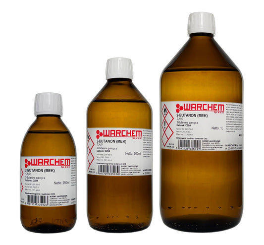 Reines 2-Butanon (MEK) 100 ml von WarChem, klare Flüssigkeit in Flasche, chemisches Lösungsmittel für Industrie und Labor.