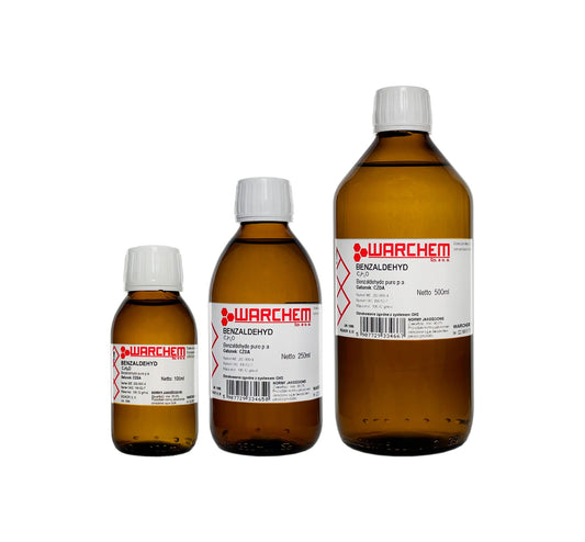 Rein Benzaldehyd in 100 ml Flasche von Warchem, klare Flüssigkeit für chemische Anwendungen, transparent und farblos.