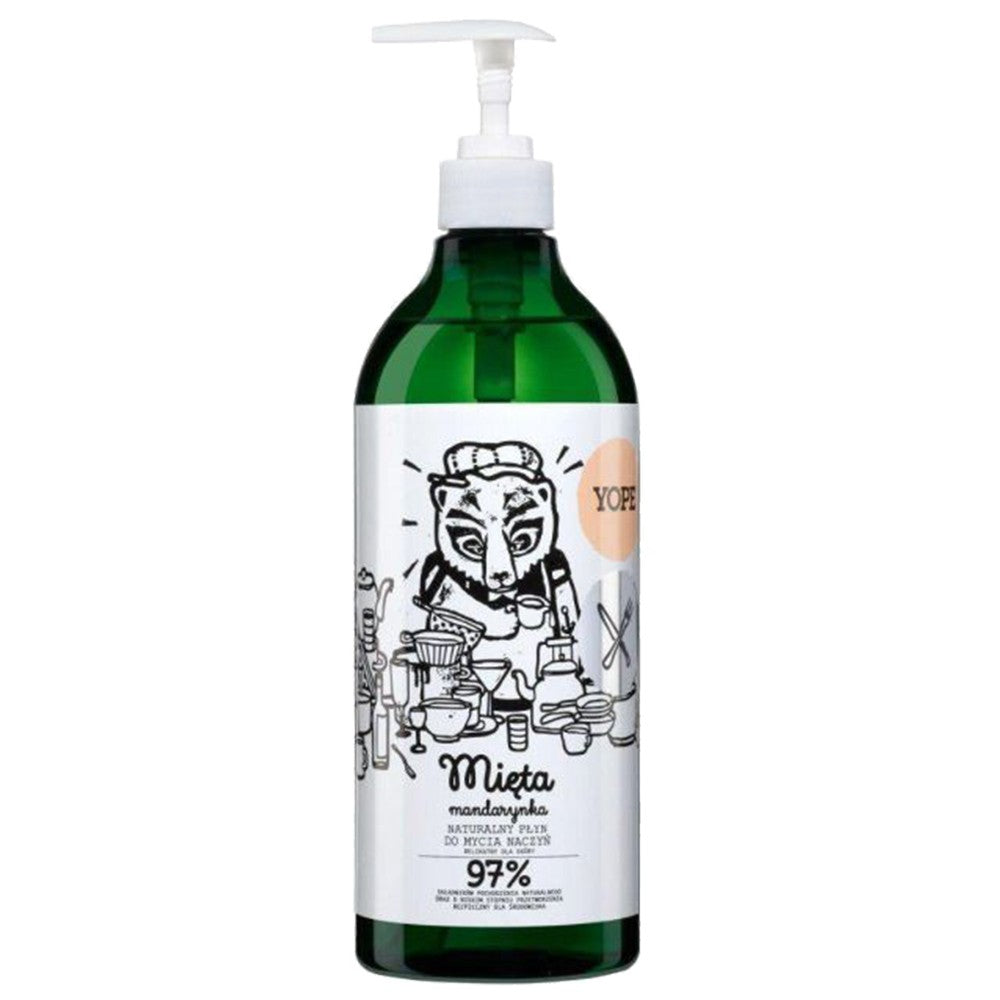 Natürliches Geschirrspülmittel von YOPE mit Minze und Mandarine in 750 ml Flasche, zeigt die Produktverpackung mit frischen Zutaten.
