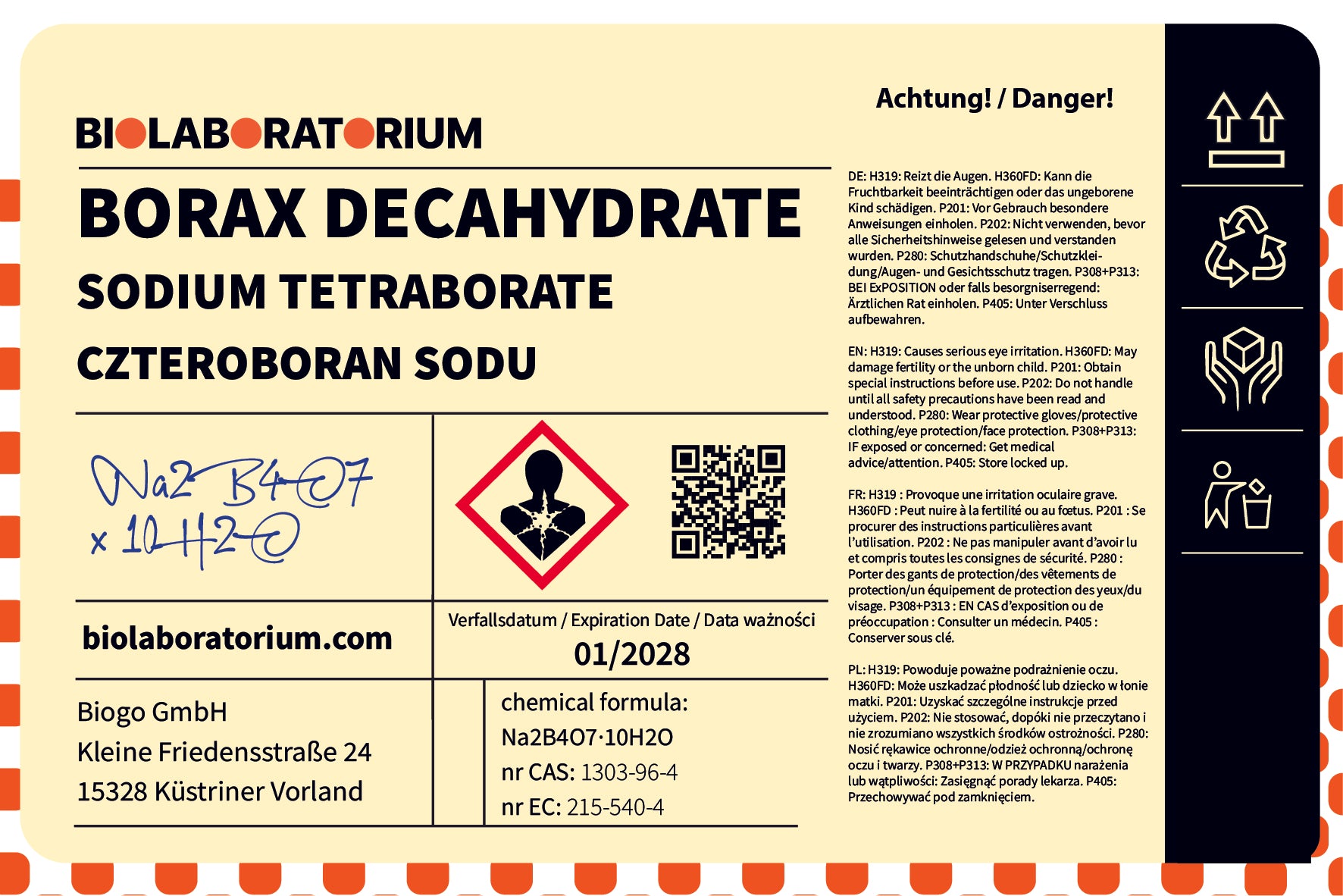 Borax Borax Natriumtetraborat Decahydrat 1000g BioLaboratorium Imagen secundaria del producto