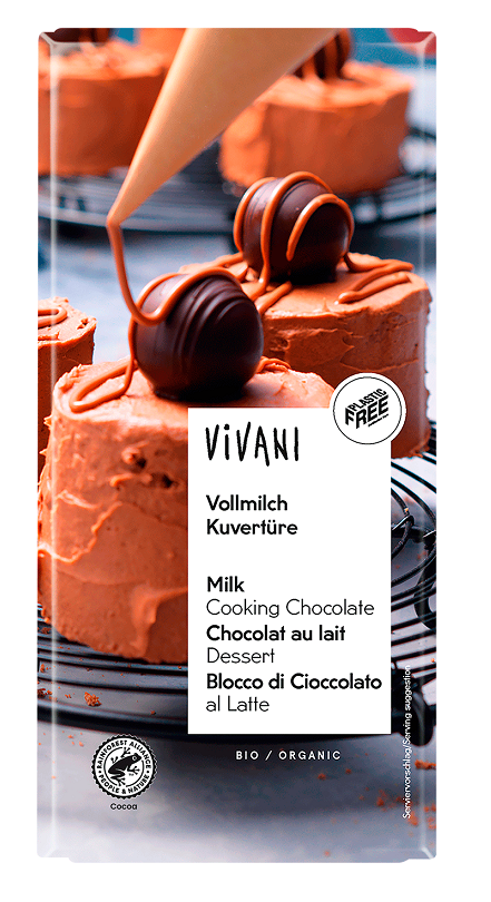 Vivianni Bio Milchschokolade zum Kochen, 150 g, cremige Bio-Schokolade in einer Verpackung auf weißem Hintergrund
