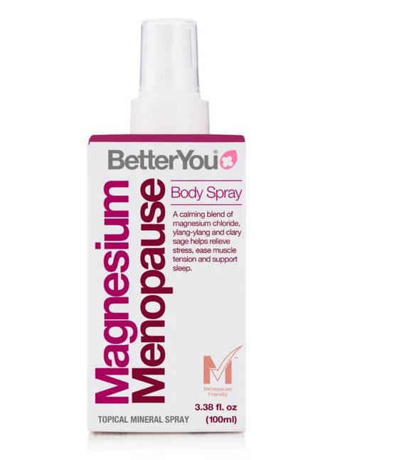 Bettyou Magnesium Menopause Topical Mineral Body Spray in 100 ml Flasche, sichtbare Spray-Düse und Verpackung