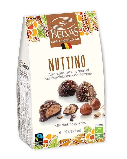 Belgische Fair Trade Haselnuss-Pralinen von BELVAS, Bio, 100 g, mit glänzender Schokoladenüberzug und Haselnussfüllung