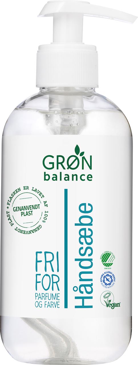 Flüssige Handseife von GRON BALANCE in 350 ml Flasche, zeigt eine weiße Seife mit grünen Kräutern auf der Verpackung.