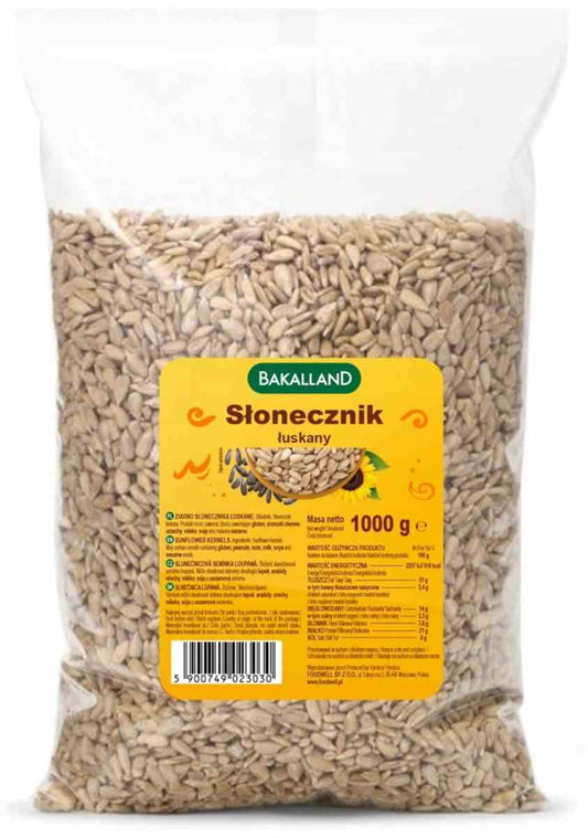 Geschälte Sonnenblumenkerne von Bakalland in 1 kg Packung, naturbelassen und ideal für Snacks oder Backen.