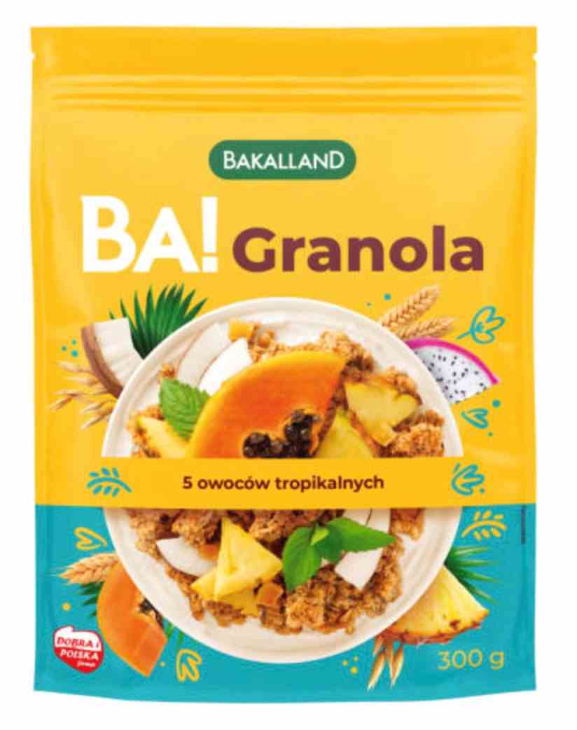 Bakalland BA! Granola mit 5 tropischen Früchten in 300 g, knusprig und fruchtig, ideal für ein gesundes Frühstück.