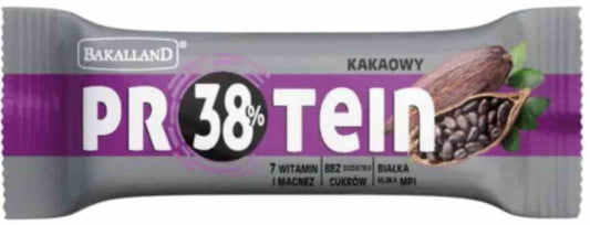 Eiweißriegel von Bakalland mit Kakao, 35 g, als Snack, zeigt den Schokoriegel mit Kakao-Überzug und Nährwertangaben