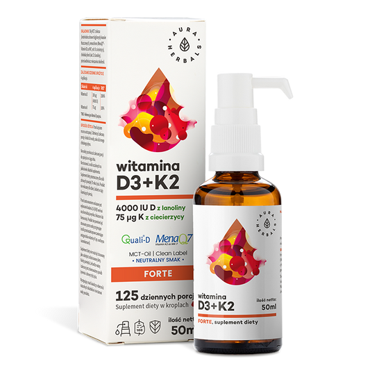 Vitamin D3 4000 iu + K2 FORTE auf MCT-Öl - Tropfen 50 ml AURA HERBALS - Biogo.de