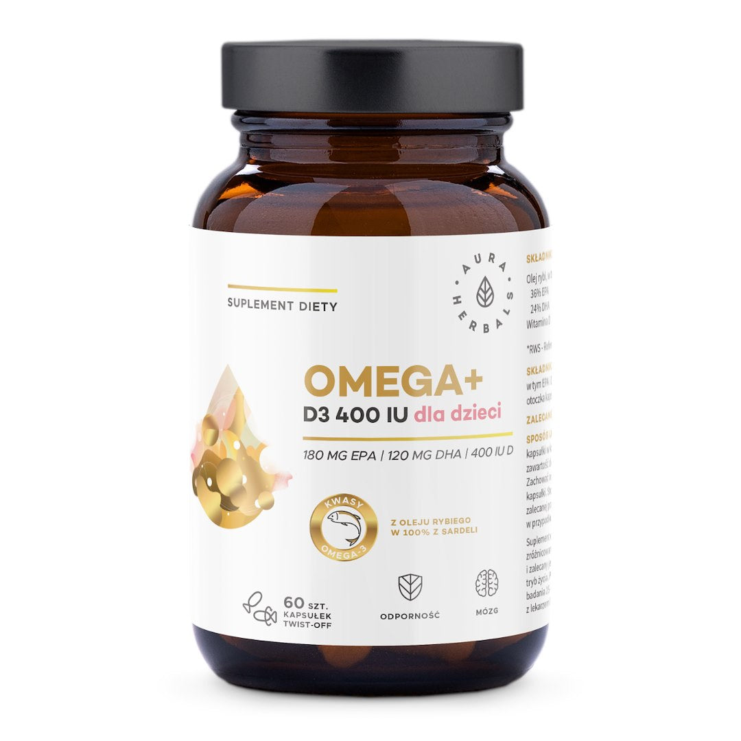 Omega- und Vitamin D3 400 IE für Kinder, AURA HERBALS, 60 Drehkapseln in einer braunen Flasche, Nahaufnahme