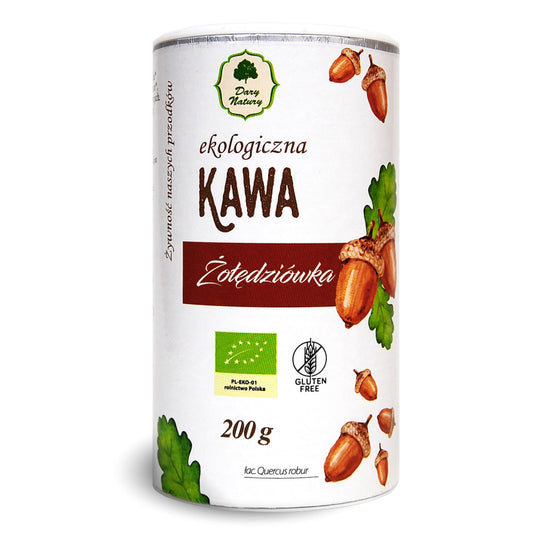 BIO Eichelkaffee von DARY NATURY, 200 g, naturbelassen, gerösteter Kaffee in einer Verpackung mit Eichelmotiven.
