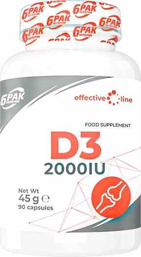 Sechs Packungen Biogo.de Vitamin D3 2000IU, 90 Kapseln, helle Verpackung mit Text und Produktinformationen sichtbar
