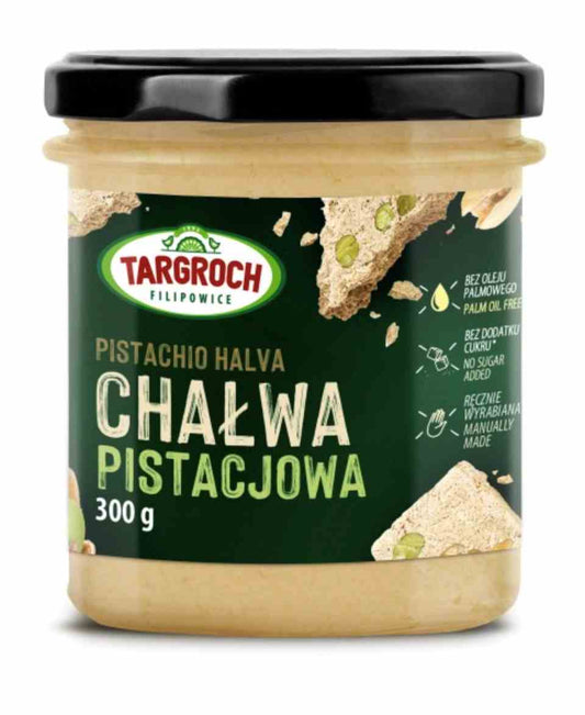 Pistazienhalwa von Targroch, zuckerfrei, 300g, mit grüner Pistazienmasse und Nüssen, auf weißem Hintergrund.
