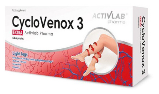 ActivLab CycloVenox 3 EXTRA Kapseln in der Dose, Nahrungsergänzungsmittel für die Gesundheit, auf weißem Hintergrund.