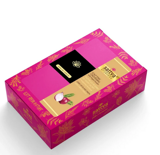 Veganes Geschenkset mit Keratin-Nährstoffinreibung und Kopfmassagebürste von SATTVA, ideal für Haarpflege und Entspannung.