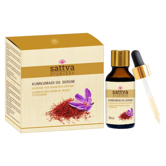 KUMKUMADI Safran-Gesichtsserum von SATTVA in 30 ml Flasche, ästhetische Verpackung, für gesunde, strahlende Haut