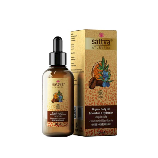 Sattva Kaffee & Orange Körperöl Eco 100 ml in einer Flasche, natürliche ayurvedische Körperpflege mit ätherischen Ölen