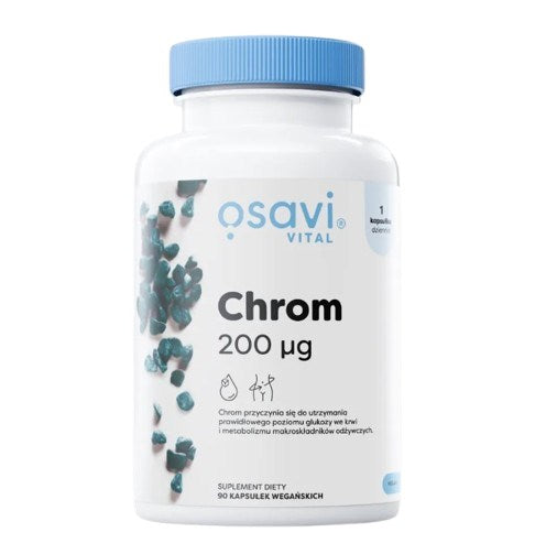 Chrom-200 mcg Kapseln von OSAVI, 90 Stück, natürliche Nahrungsergänzung für den täglichen Bedarf, in einer weißen Packung.