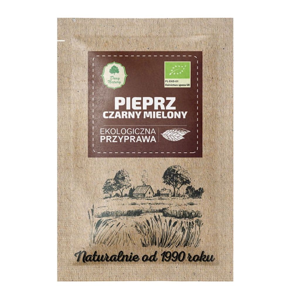 Schwarzes BIO-Pulver "Pour" von DARY NATURY, 15 g, mit natürlichen Gewürzen und Kräutern, in einer transparenten Verpackung.