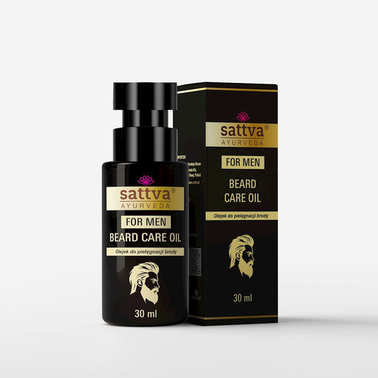 Bartpflegeöl in 30 ml Flasche von SATTVA, zeigt das Produkt mit Flasche und Etikett, für gepflegten Bart und Hautpflege.