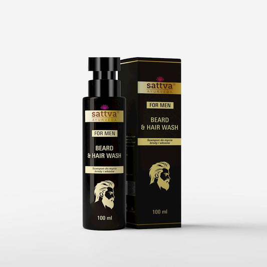 Bart- und Haarshampoo von SATTVA in 100 ml Flasche, zeigt das Produkt mit pumpenförmigem Verschluss und weißer Verpackung