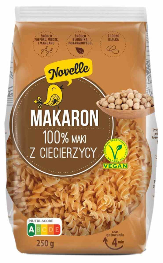 Bunte Novelle Kichererbsen-Protein-Nudeln in 250 g Packung, glutenfrei und reich an pflanzlichem Protein, Biogo.de.