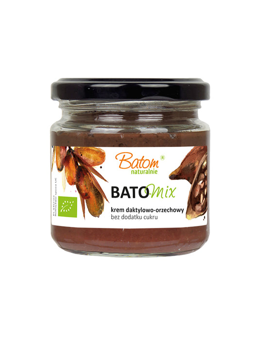 Bio Dattel- und Kakaocreme mit Haselnüssen von BATOM, 200 g, cremige Nuss- und Fruchtmischung in Glas.