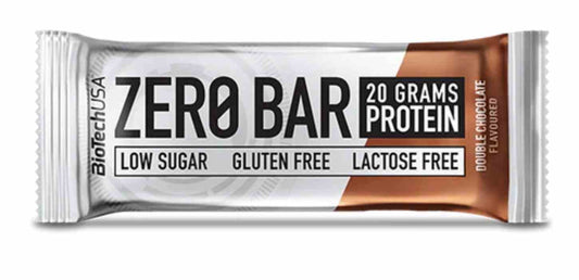 BioTech USA Zero Bar 50g mit doppeltem Schokoladengeschmack, Schokoriegel mit pflanzlichem Protein und ohne Zucker.