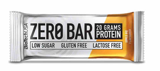 BioTech USA Zero Bar mit Apfelkuchen-Geschmack, 50g, glutenfrei und proteinreich, liegt auf weißem Hintergrund.
