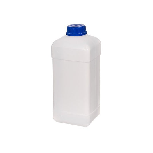 Weiße, transparente rechteckige HDPE Flasche mit 1,5 Liter Fassungsvermögen von BIOMUS, ideal für Getränke oder Lagerung.