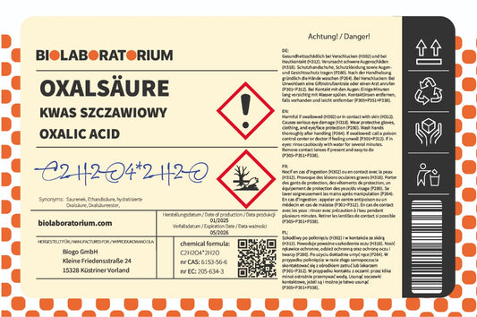 Oxalsäure in 25kg Verpackung von Biogo.de, für biologische Laboranwendungen, mit weißen Kristallen sichtbar