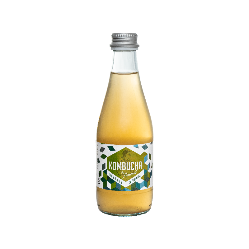 Kombucha Healthy Sencha Bio von Laurent in 330 ml Flasche, frisch und naturbelassen mit grüner Tee-Note, auf weißem Hintergrund