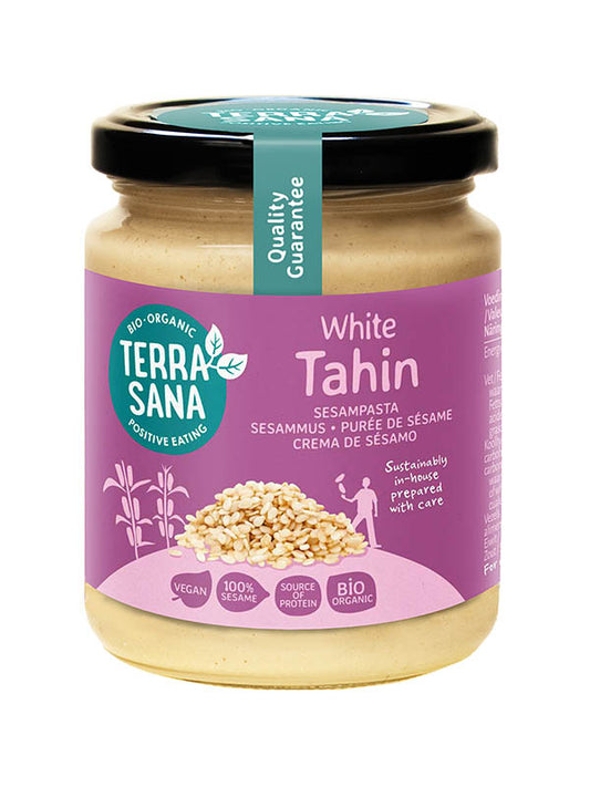 Bio weißer Tahini (Sesampaste) von TERRASANA, 250 g, cremige Sesampaste in Glasverpackung, ideal für Hummus und Saucen