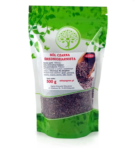 Schwarzes Kala Namak Salz in mittlerer Menge, 500g, von AGNEX, zeigt das grobe, dunkle Salz in einer Verpackung.