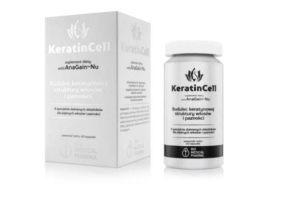Bio Medical Pharma Keratincell 60 K Flasche mit schönem, gesundem Haar, Produktansicht in natürlichem Licht.