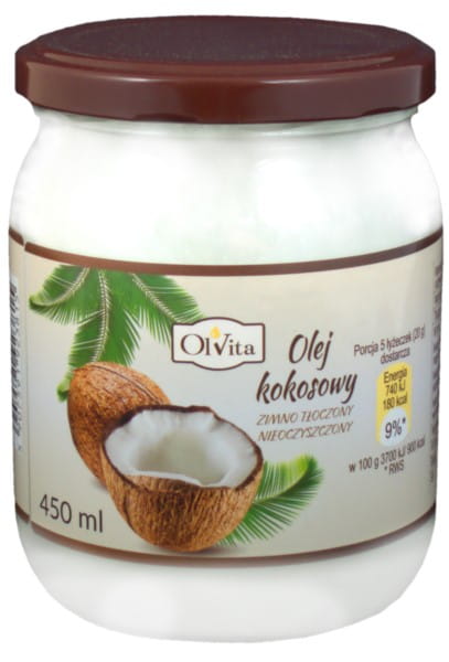 Kaltgepresstes Olvita Kokosnussöl in 450 ml Flasche, cremige Textur, ideal für Kochen und Hautpflege, auf weißem Hintergrund