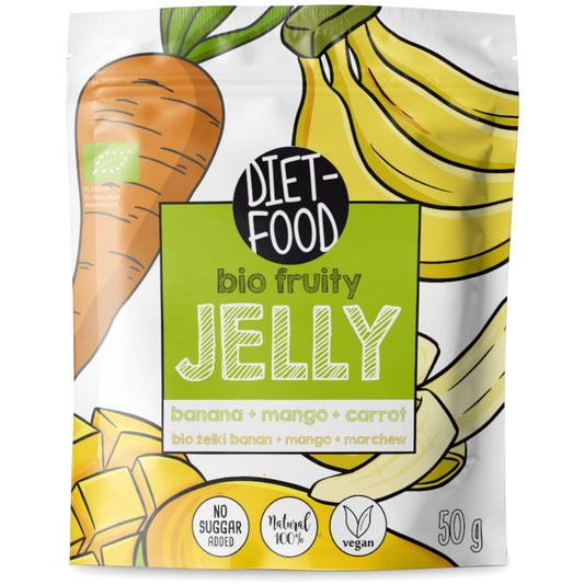 Eko Gelees mit Banane, Mango und Karotte, 50g von DIET FOOD, fruchtige und gesunde Fruchtgelees in Verpackung