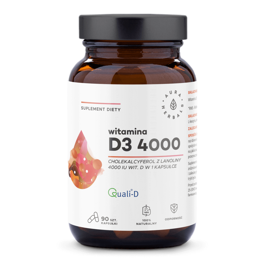 Vitamin D3 4000 IU Kapseln von AURA HERBALS, 90 Stück, Nahaufnahme der gelben Kapseln in einer Packung.