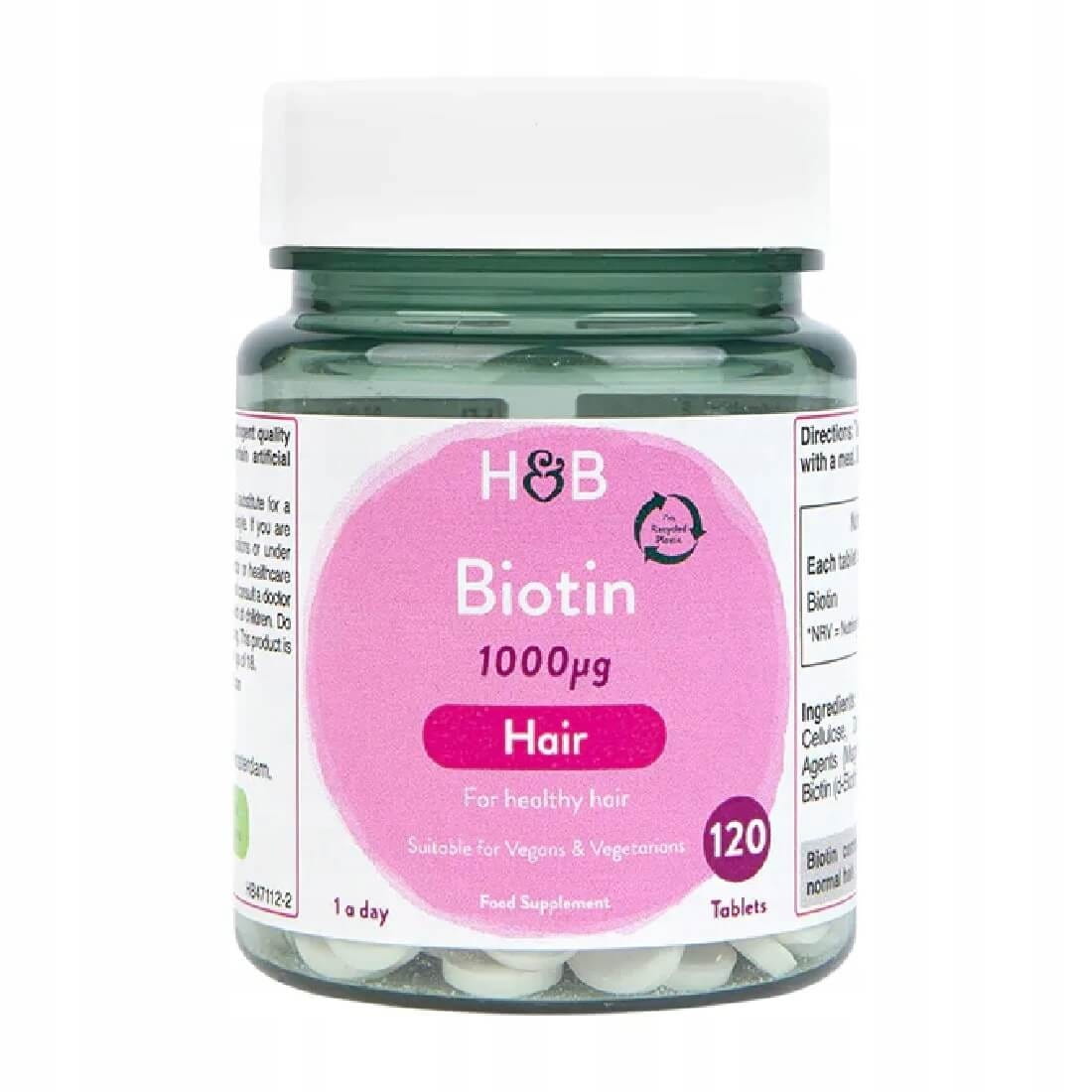 Holland & Barrett Biotin 1000 mcg Tabletten, Nahaufnahme der Verpackung und Tabletten auf weißem Hintergrund