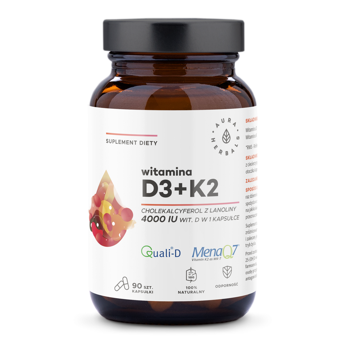 Vitamin D3 4000 IU und K2 Kapseln von AURA HERBALS, Packung mit 90 Kapseln für gesunde Knochen und Immunsystem