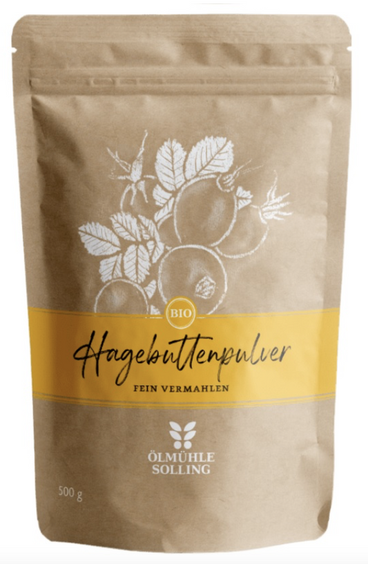 BIO Hagebuttenpulver von Ölmühle Solling in 500 g Packung, feines rotes Pulver aus getrockneten Hagebutten.