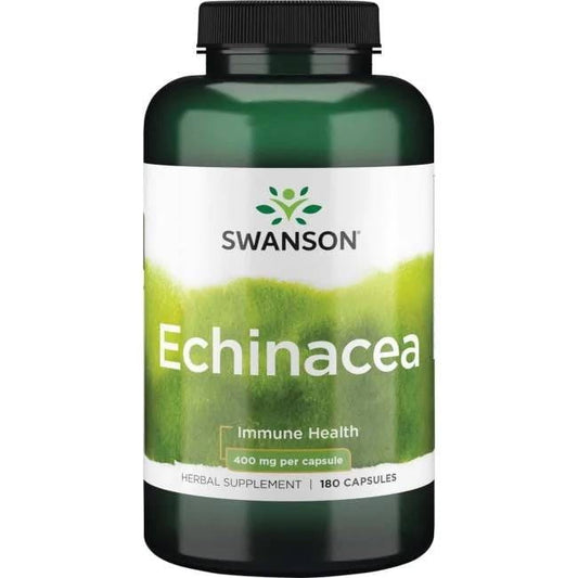 Echinacea 400 mg Kapseln von Swanson Health Products, 180 Stück, Nahaufnahme der Verpackung und Kapseln