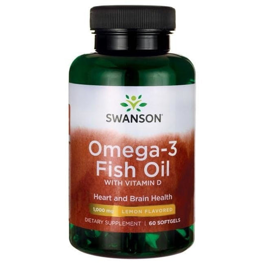 Omega-3 und Vitamin D3 Kapseln von Swanson Health Products, Ansicht der 60 Kapseln in einer Dose