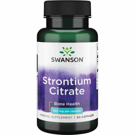Strontiumzitrat Kapseln von Swanson Health Products, 60 Stück, close-up der Verpackung und Kapseln.