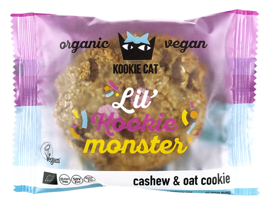 Veganer Kuchen von KOOKIE CAT mit bunten Schokoladengetränken und Vanille, 50 g, frisches Gebäck mit bunten Schokoladenstücken